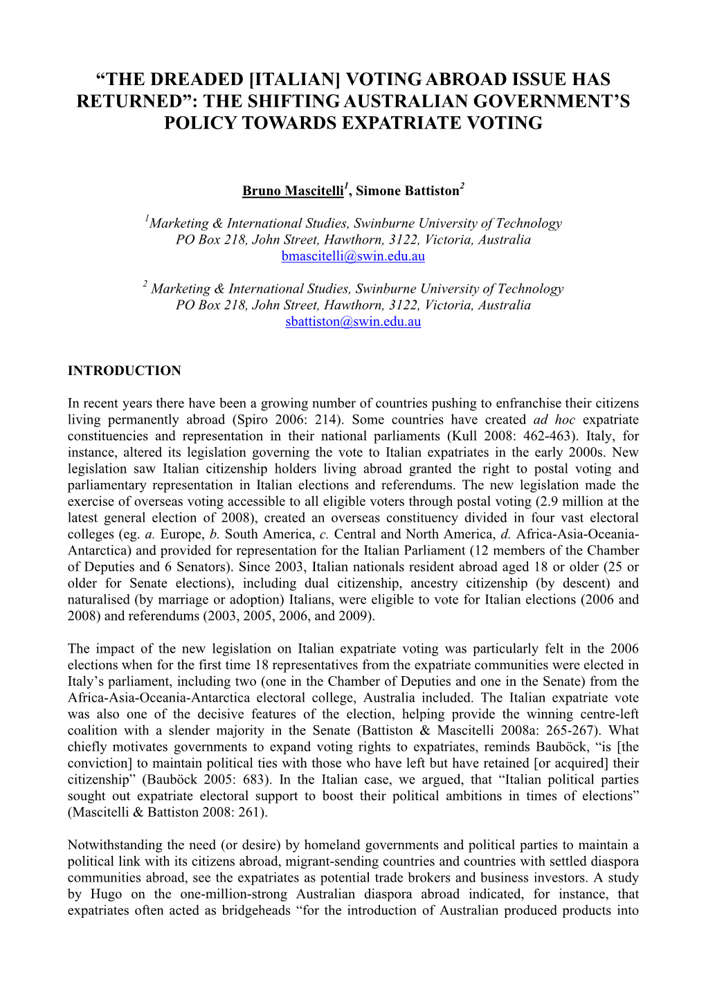 “The Dreaded [Italian] Voting Abroad Issue Has Returned”: the Shifting Australian Government’S Policy Towards Expatriate Voting
