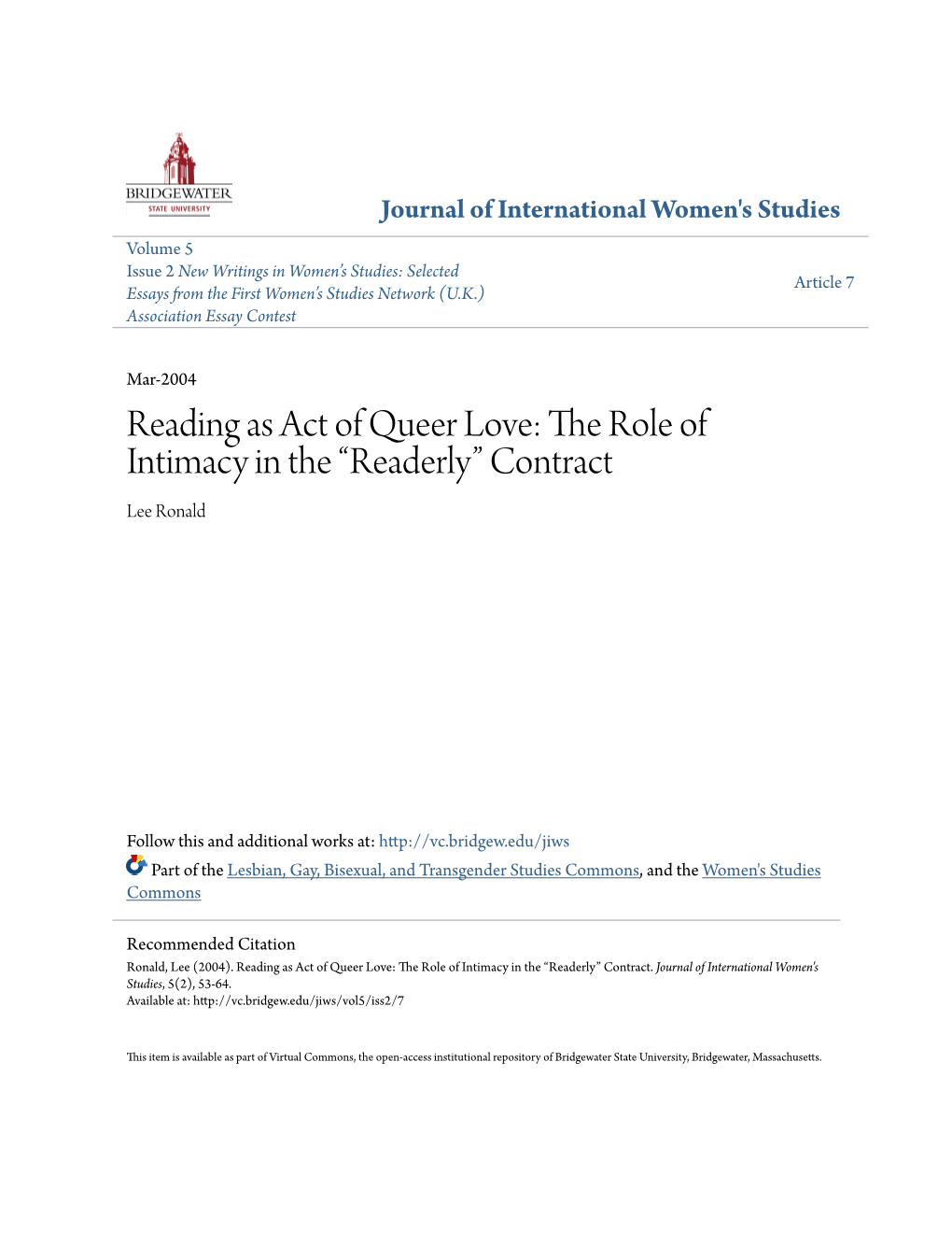 Reading As Act of Queer Love: the Role of Intimacy in the “Readerly” Contract Lee Ronald