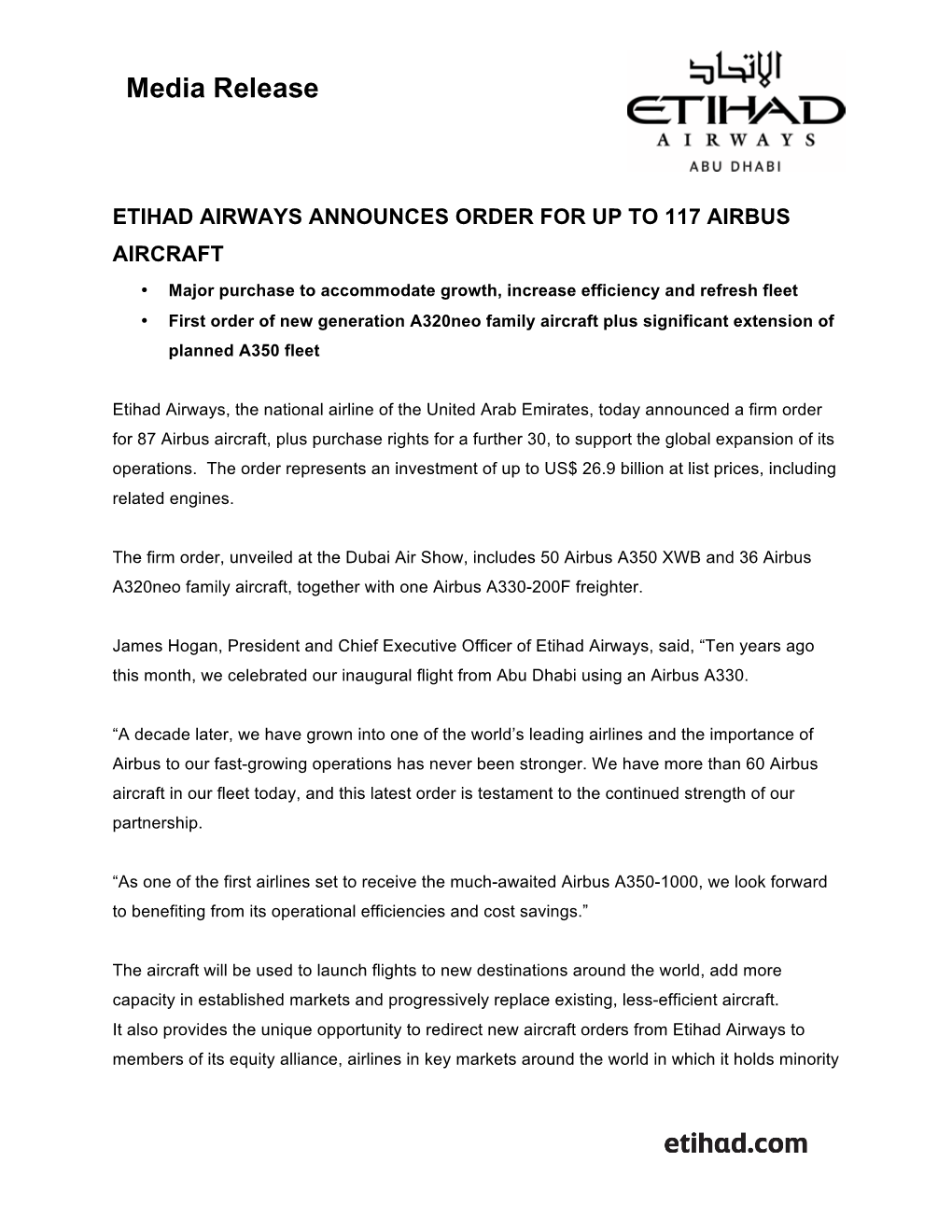 Etihad Airways Announces Order for up to 117 Airbus Aircraft