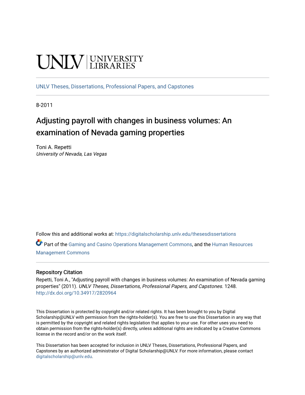 Adjusting Payroll with Changes in Business Volumes: an Examination of Nevada Gaming Properties