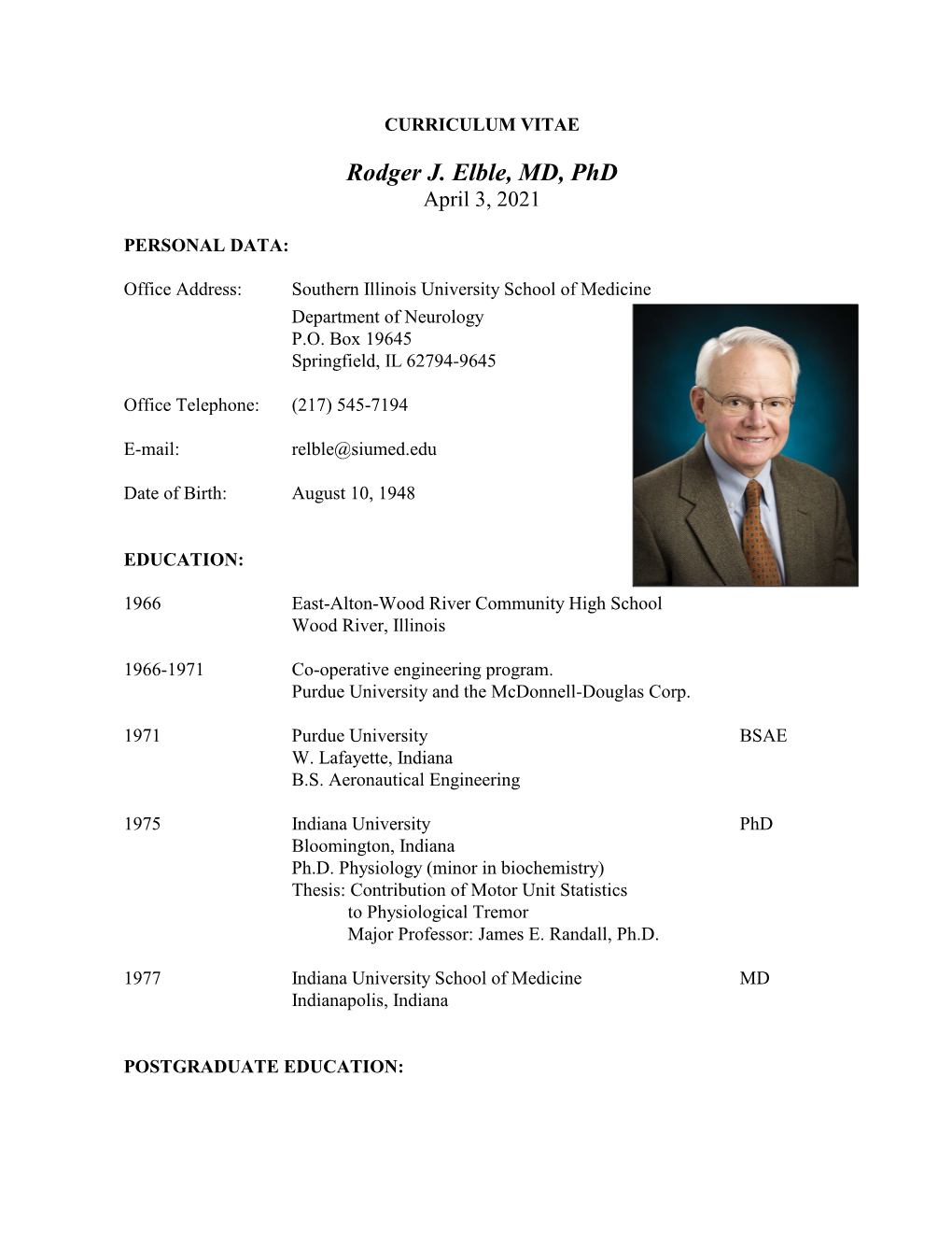 Rodger J. Elble, MD, Phd April 3, 2021