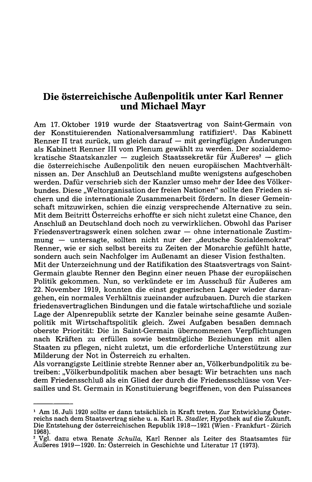 Die Österreichische Außenpolitik Unter Karl Renner Und Michael Mayr