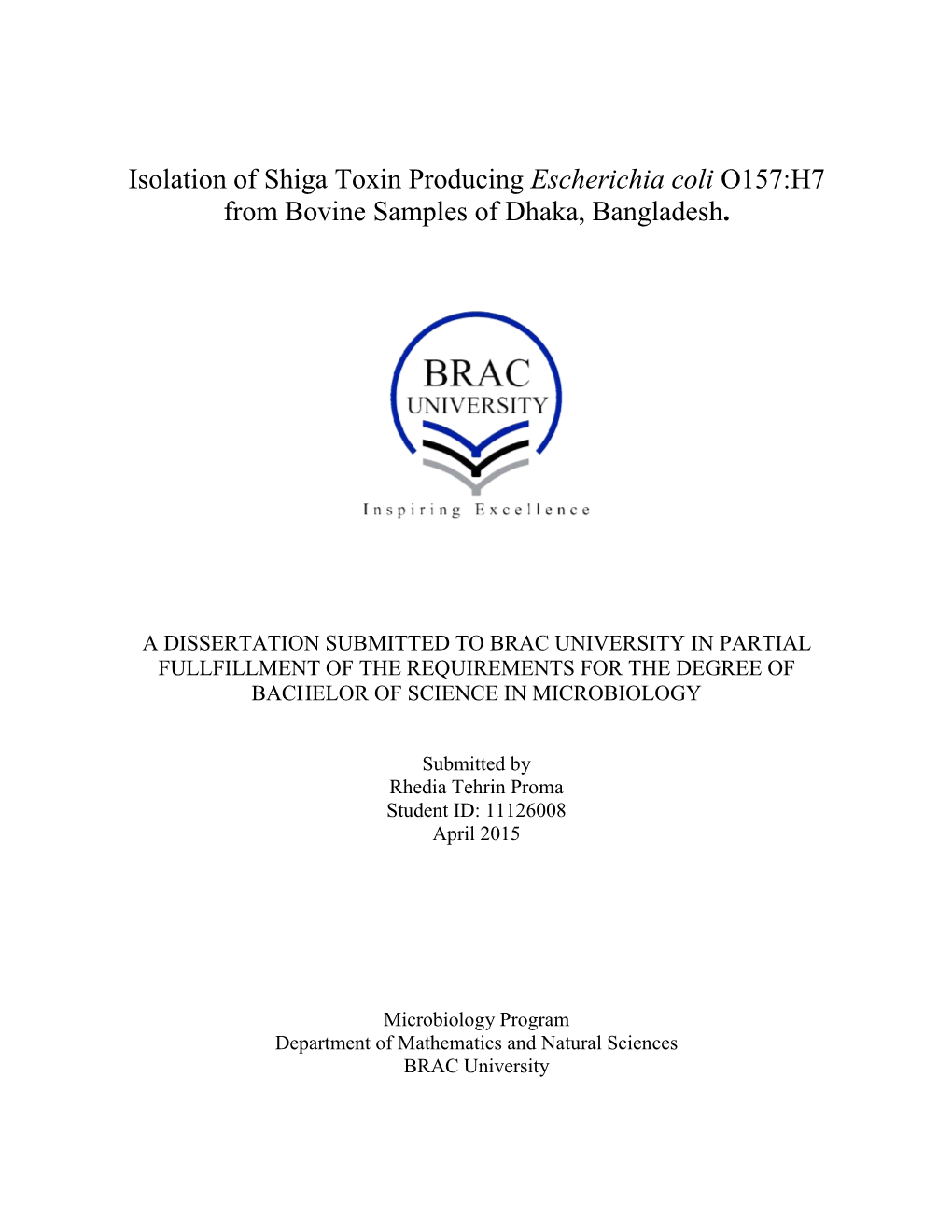 Escherichia Coli O157:H7 from Bovine Samples of Dhaka, Bangladesh