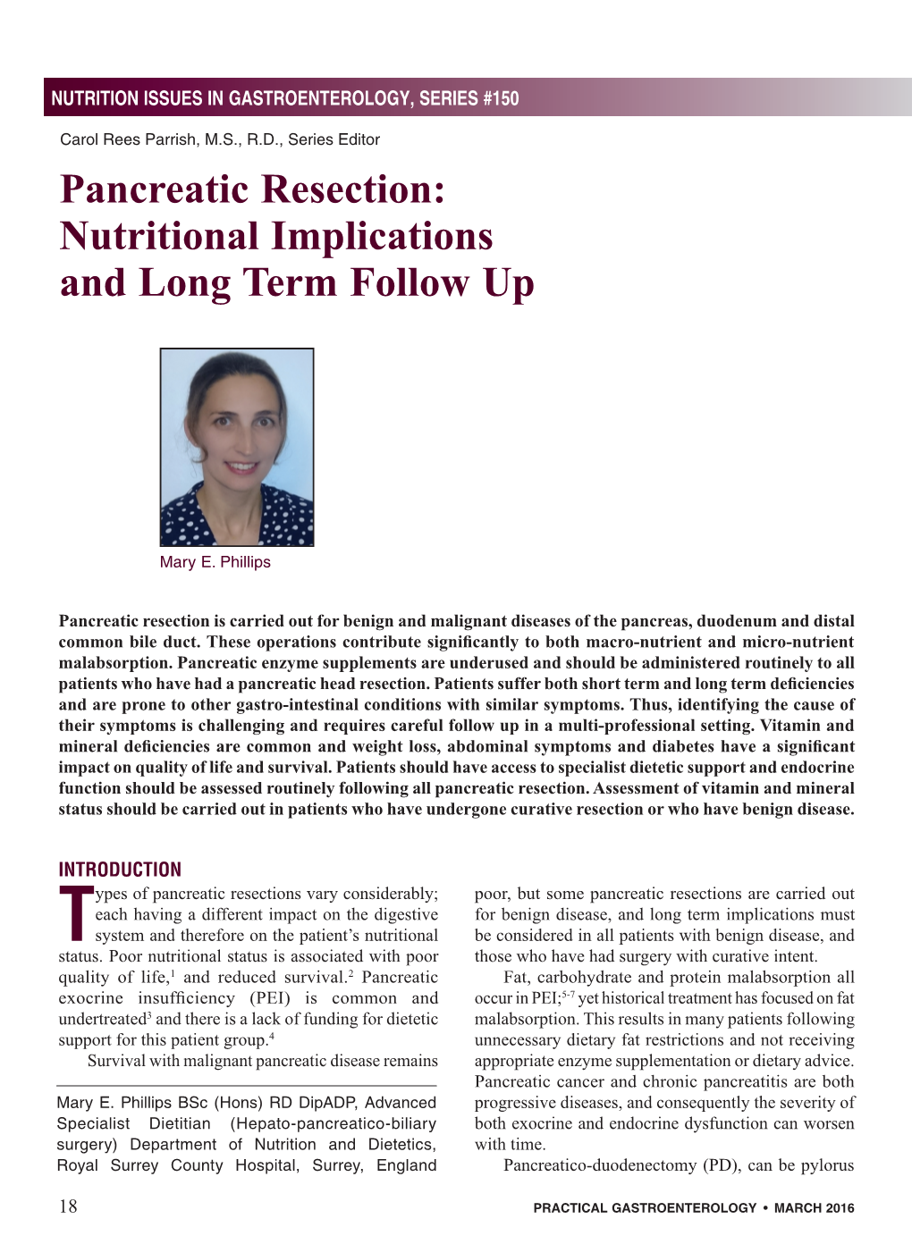 Pancreatic Resection: Nutritional Implications and Long Term Follow Up