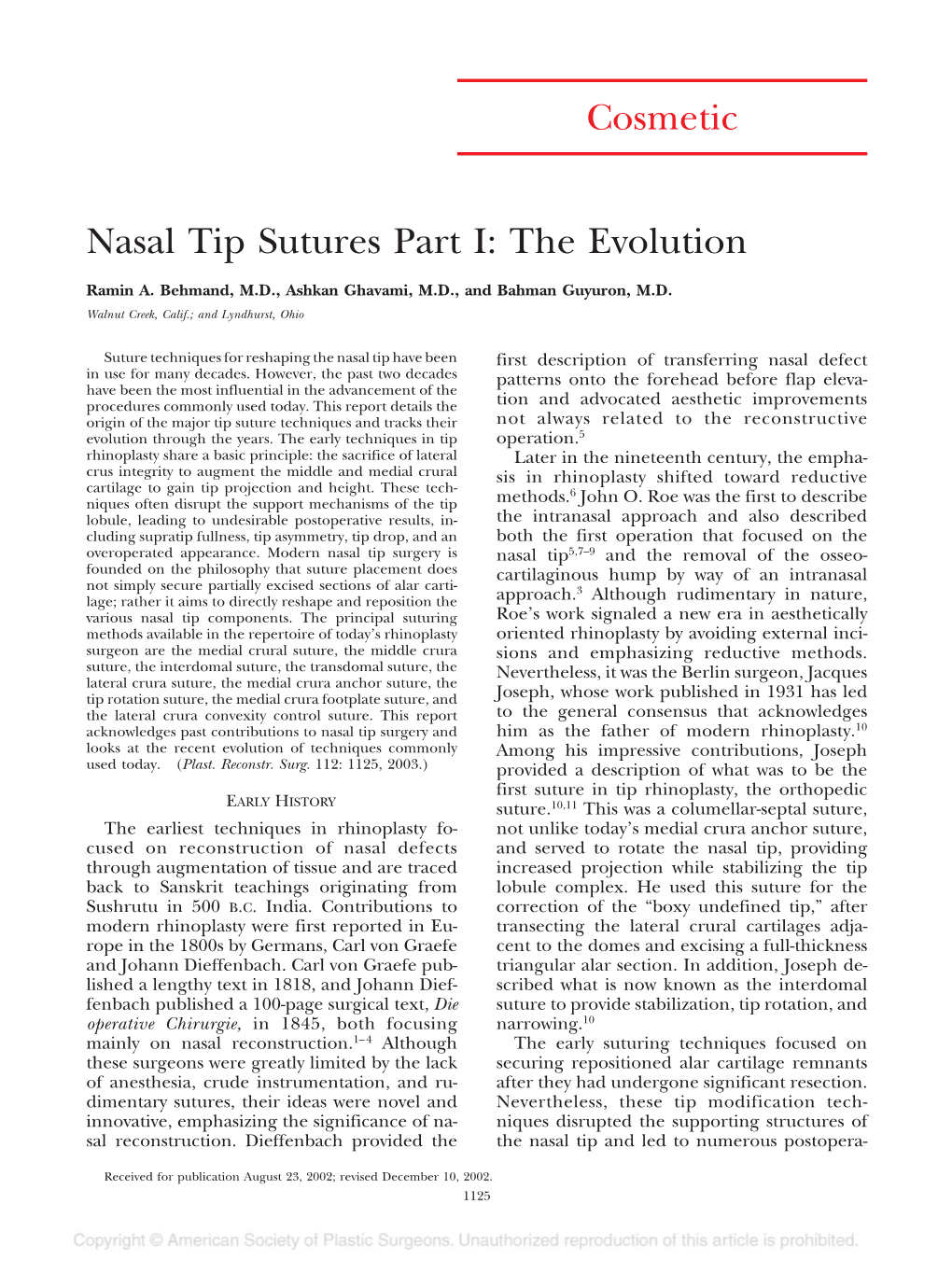 Cosmetic Nasal Tip Sutures Part I: the Evolution
