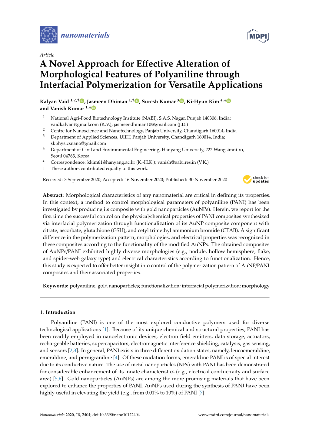 A Novel Approach for Effective Alteration of Morphological Features of Polyaniline Through Interfacial Polymerization for Versat