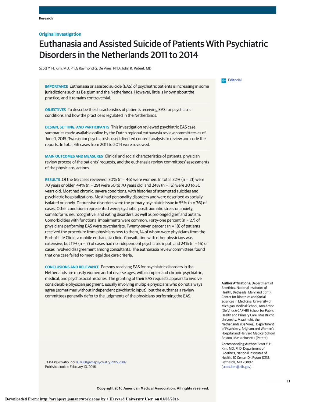 Euthanasia and Assisted Suicide of Patients with Psychiatric Disorders in the Netherlands 2011 to 2014