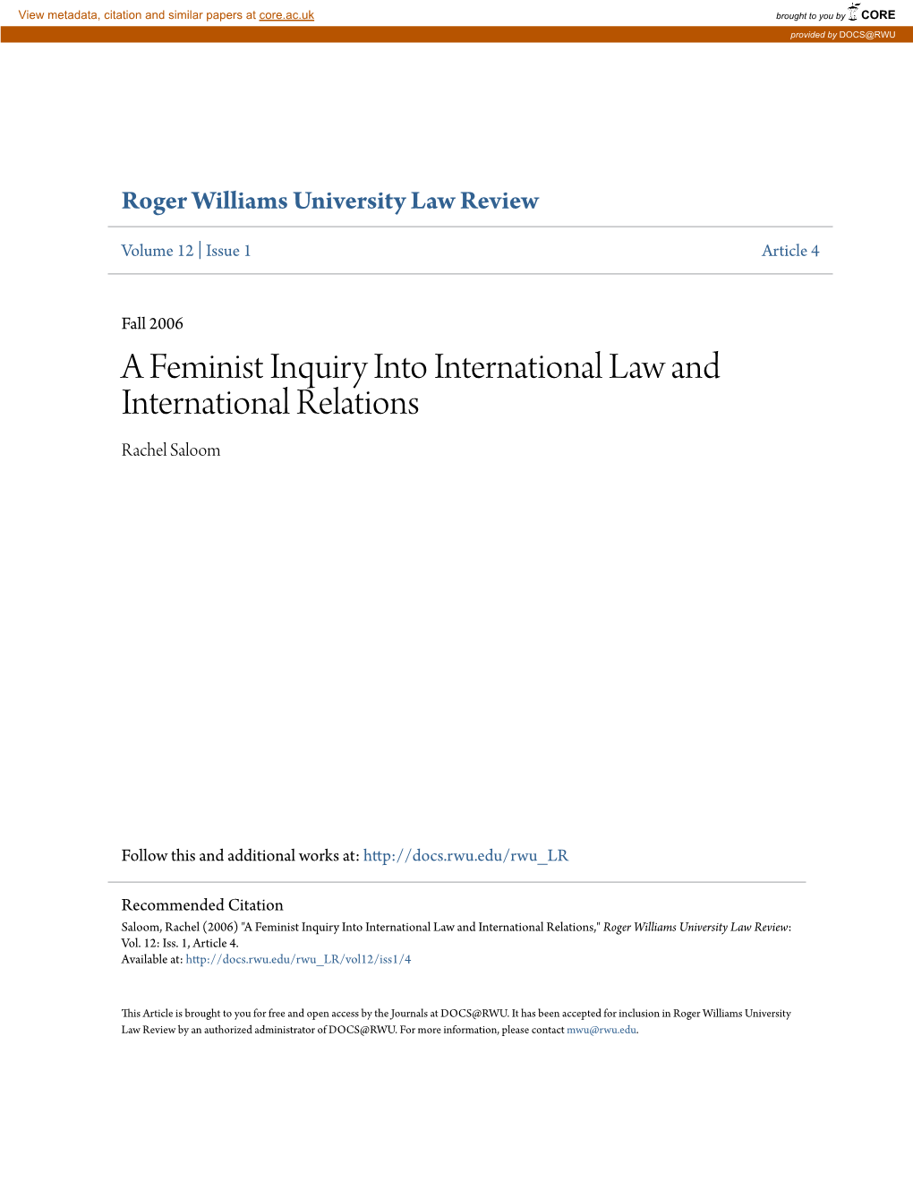 A Feminist Inquiry Into International Law and International Relations Rachel Saloom