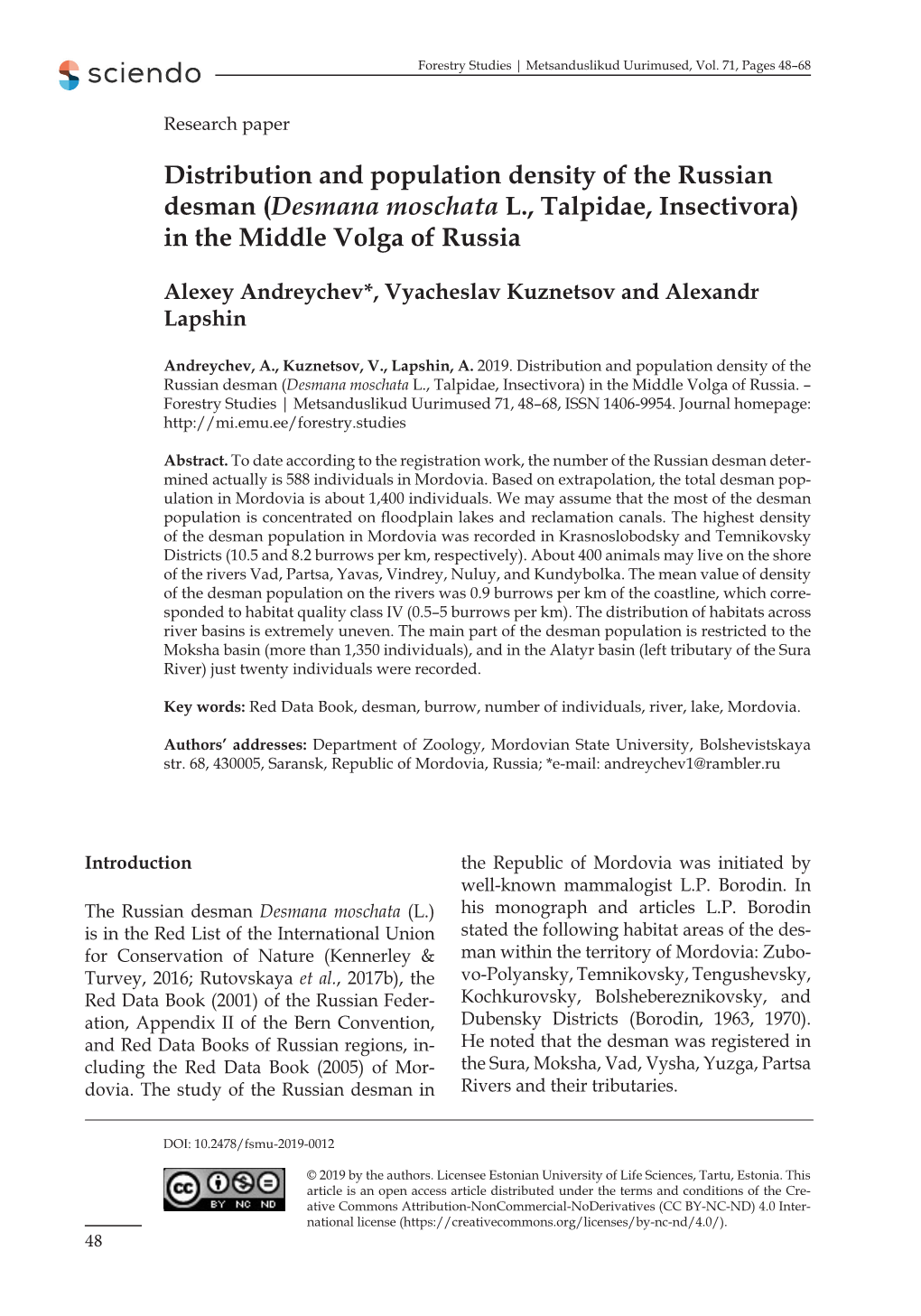 Distribution and Population Density of the Russian Desman (Desmana Moschata L., Talpidae, Insectivora) in the Middle Volga of Russia