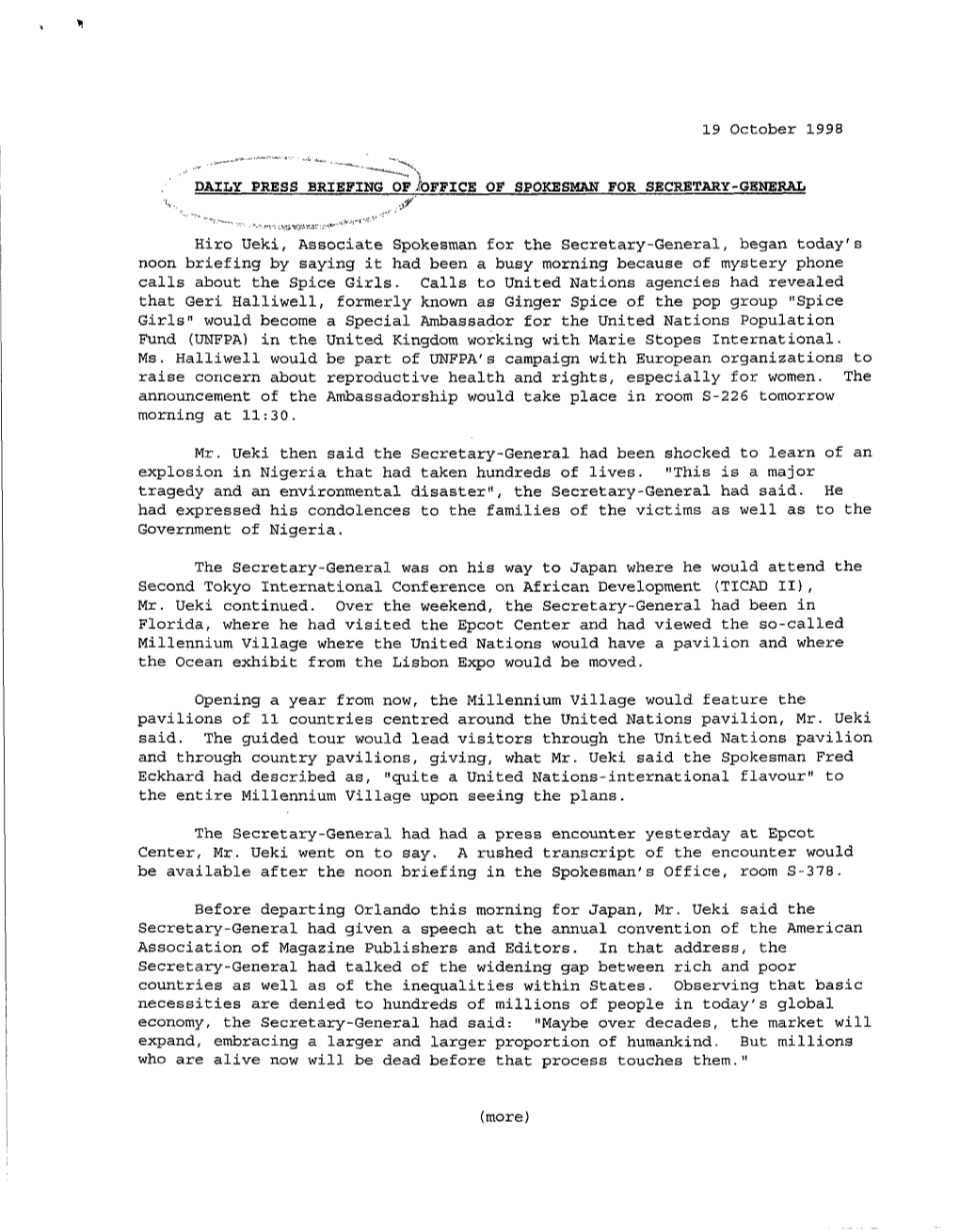 19 October 1998 DAILY PRESS BRIEFING OP/OFFICE OF