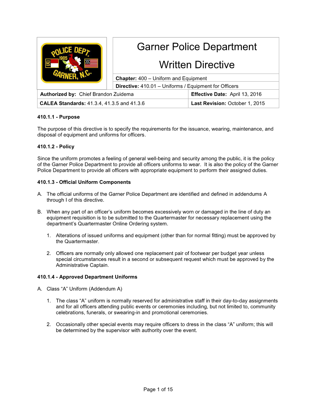 Garner Police Department Written Directive