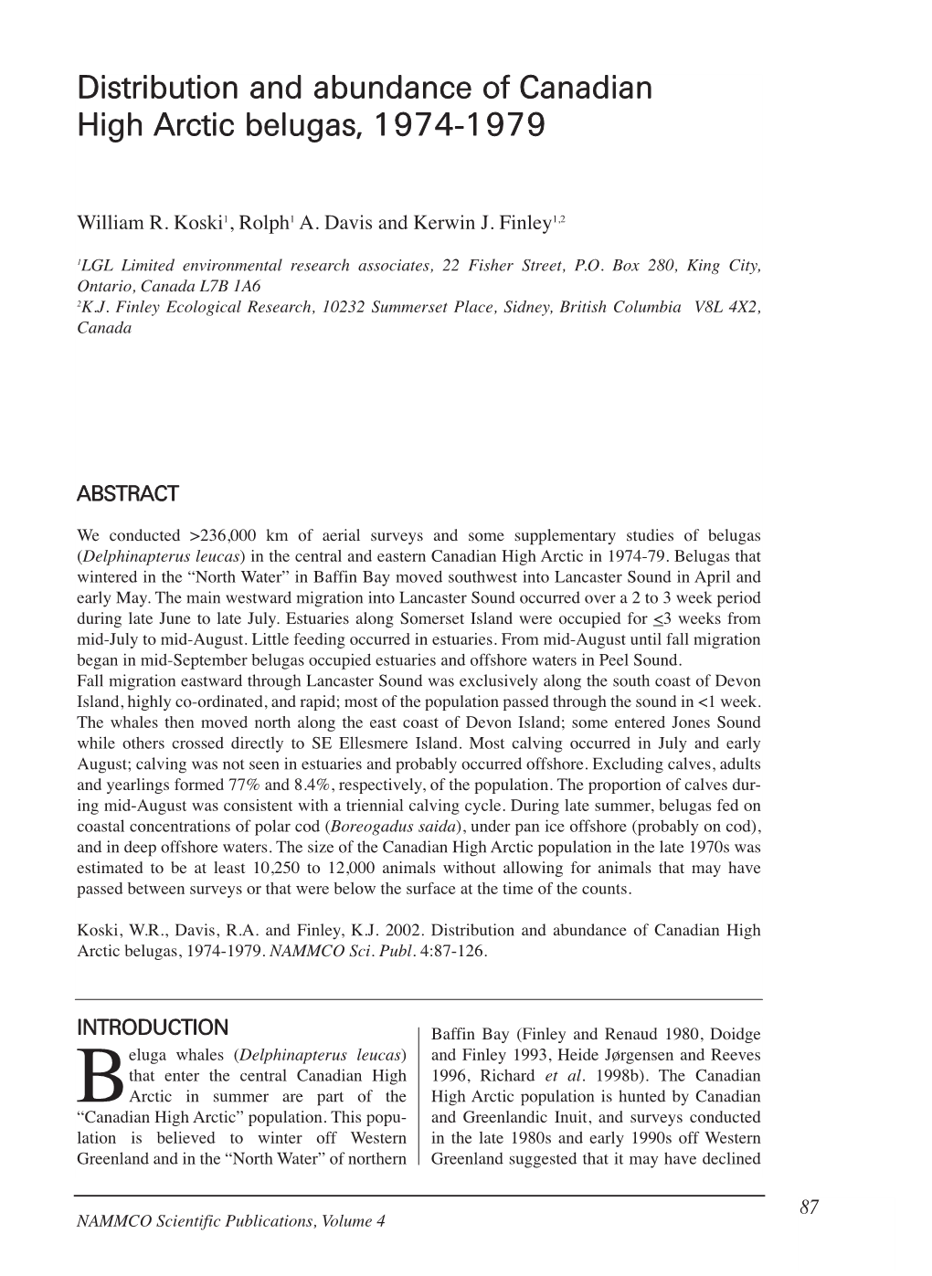 Delphinapterus Leucas) in the Central and Eastern Canadian High Arctic in 1974-79