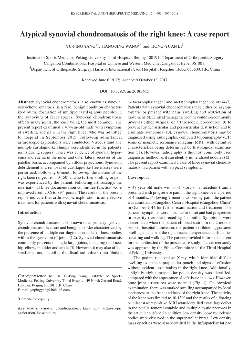 Atypical Synovial Chondromatosis of the Right Knee: a Case Report