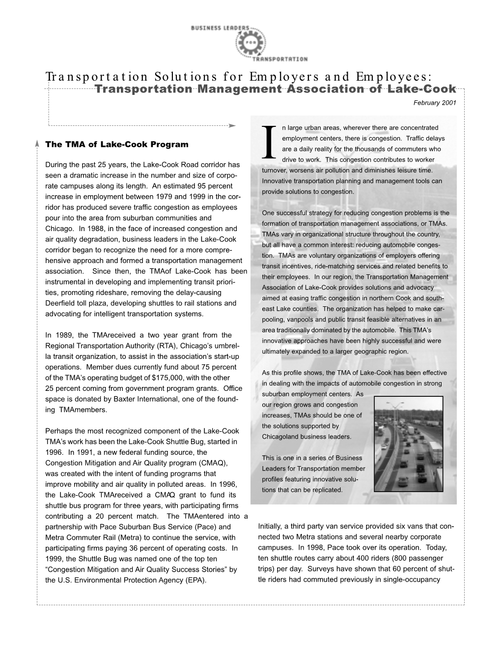 Transportation Solutions for Employers and Employees: Transportation Management Association of Lake-Cook February 2001