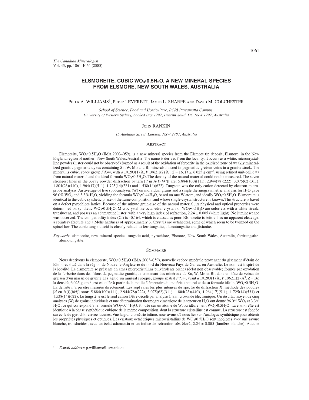 Elsmoreite, Cubic Wo3•0.5H2o, a New Mineral Species from Elsmore, New South Wales, Australia