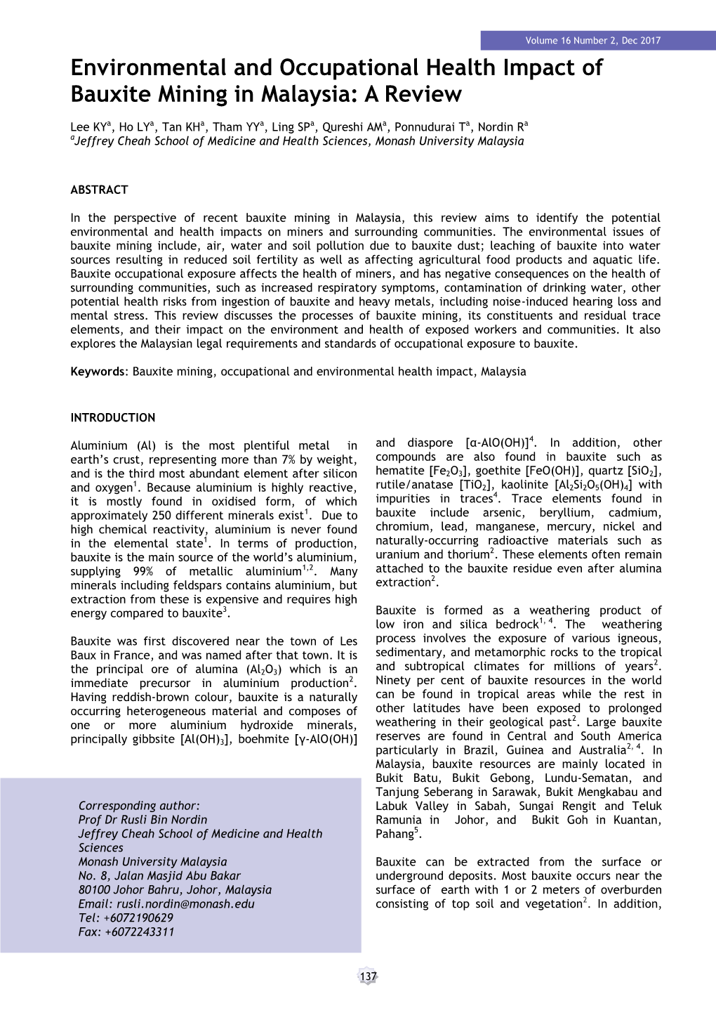 Environmental and Occupational Health Impact of Bauxite Mining in Malaysia: a Review