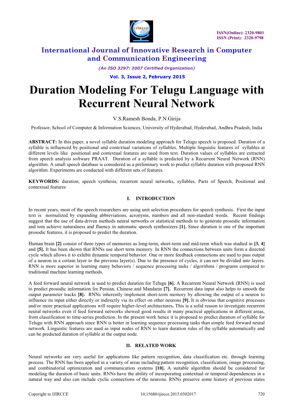 Duration Modeling for Telugu Language with Recurrent Neural Network