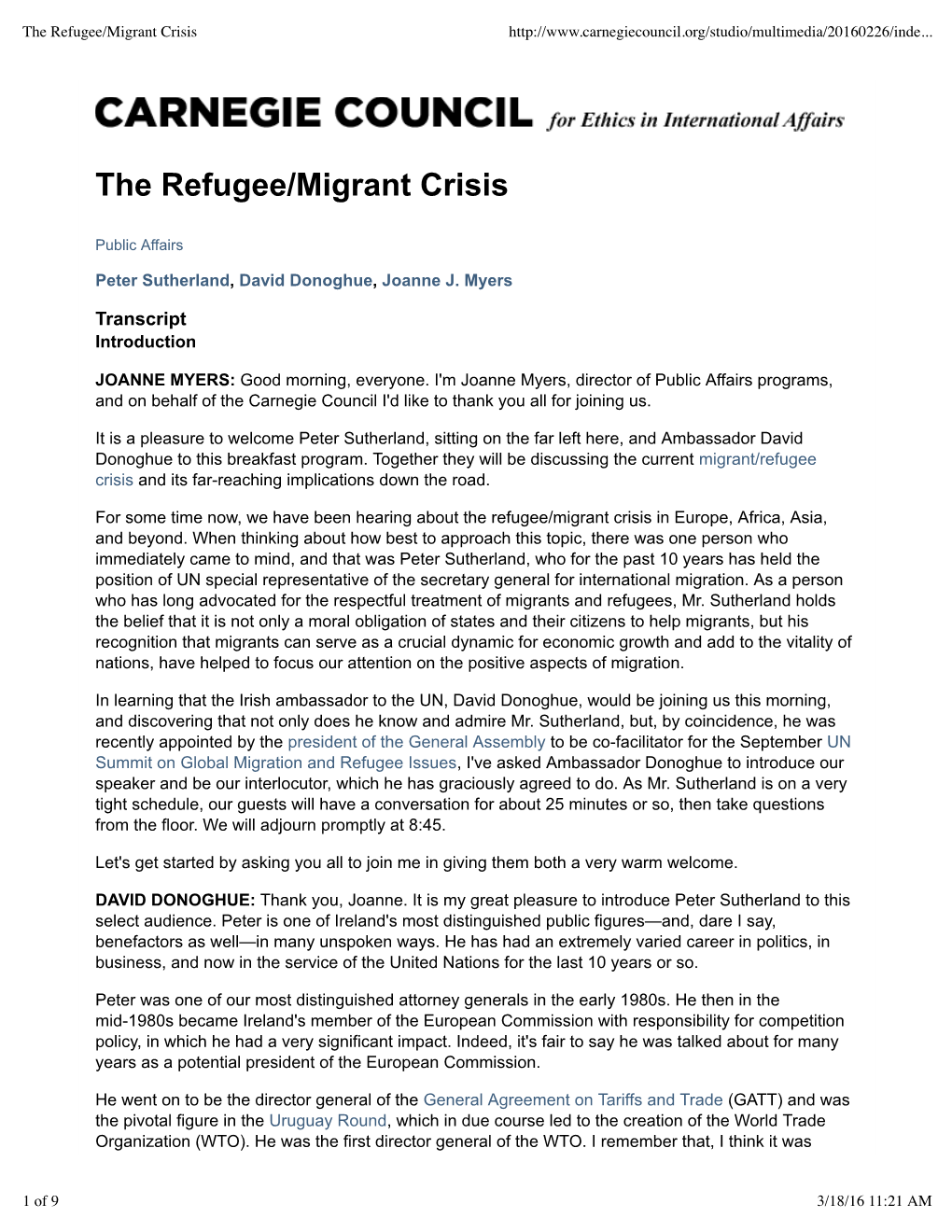 The Refugee/Migrant Crisis