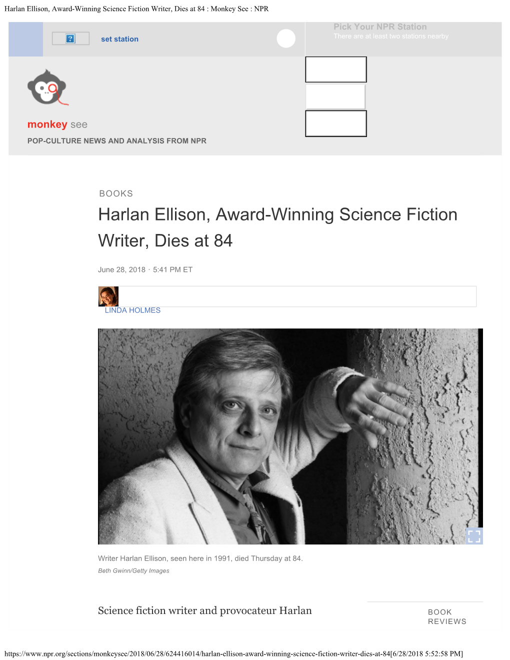 Harlan Ellison, Award-Winning Science Fiction Writer, Dies at 84 : Monkey See : NPR