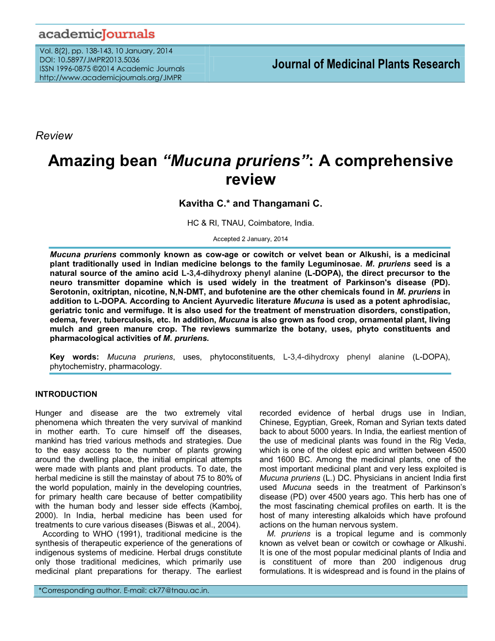 Mucuna Pruriens”: a Comprehensive Review