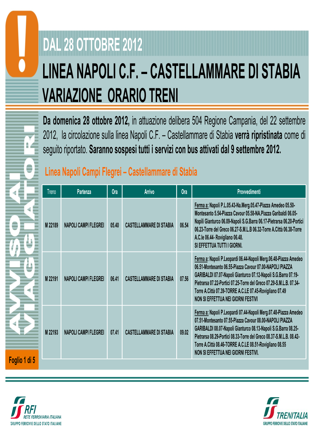 Dal 28 Ottobre 2012 Linea Napoli C.F