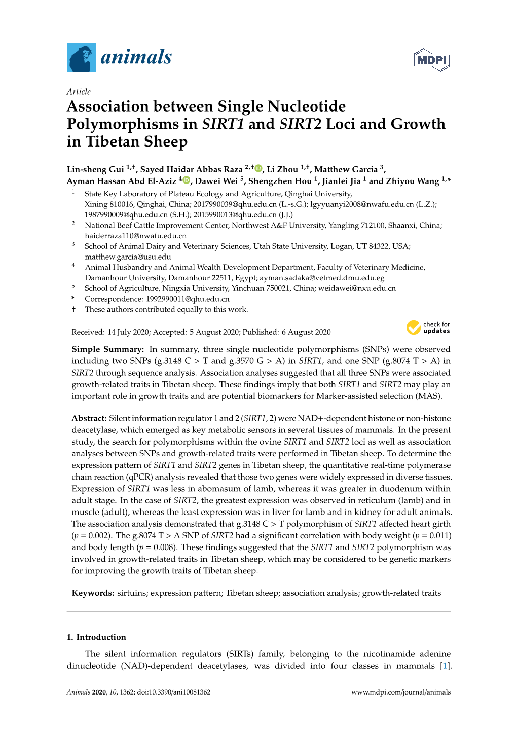Association Between Single Nucleotide Polymorphisms in SIRT1 and SIRT2 Loci and Growth in Tibetan Sheep