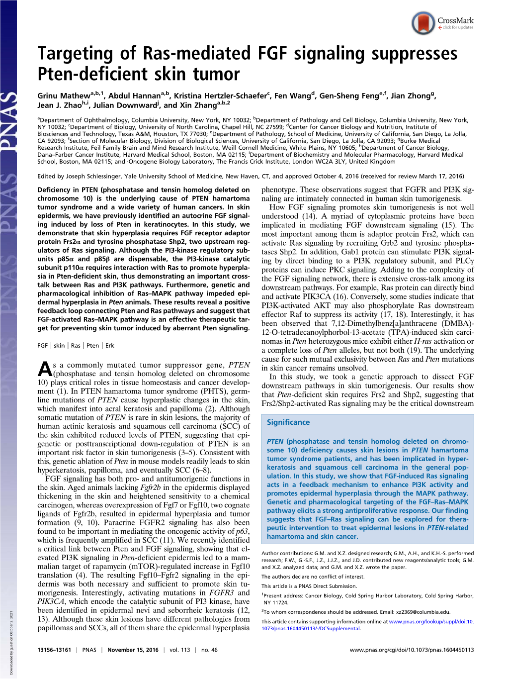 Targeting of Ras-Mediated FGF Signaling Suppresses Pten-Deficient Skin Tumor