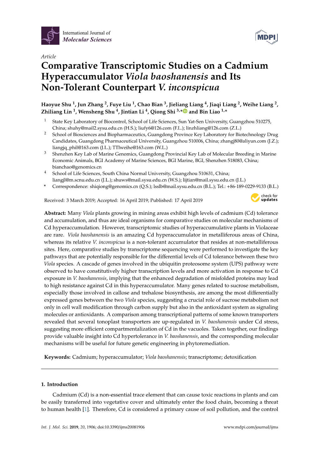 Comparative Transcriptomic Studies on a Cadmium Hyperaccumulator Viola Baoshanensis and Its Non-Tolerant Counterpart V