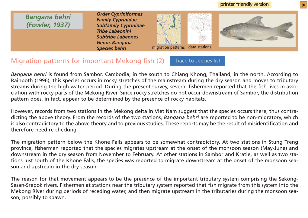 Bangana Behri Family Cyprinidae (Fowler, 1937) Subfamily Cyprininae Tribe Labeonini Subtribe Labeones Genus Bangana Species Behri Migration Patterns Data Stations