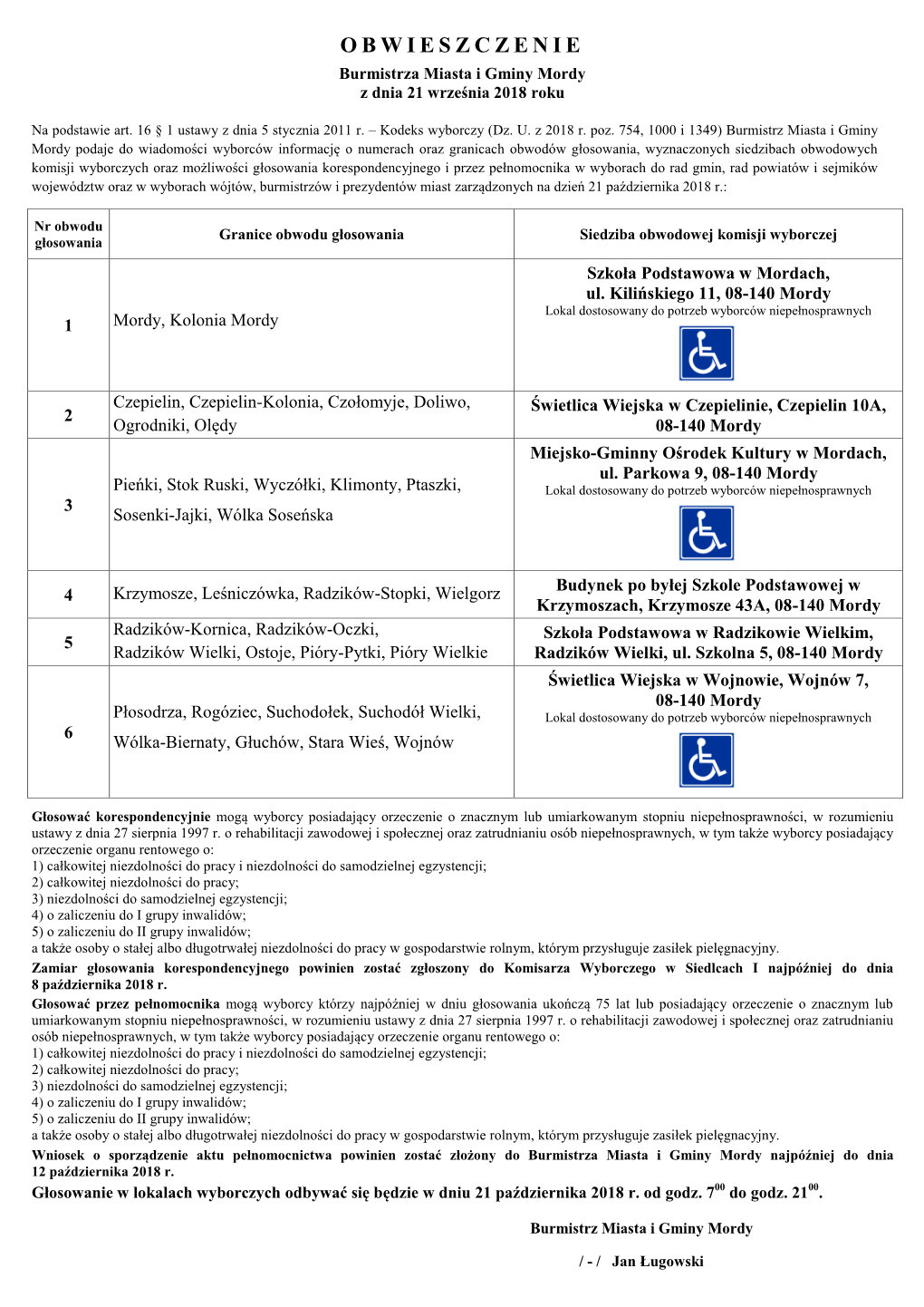 OBWIESZCZENIE Burmistrza Miasta I Gminy Mordy Z Dnia 21 Września 2018 Roku