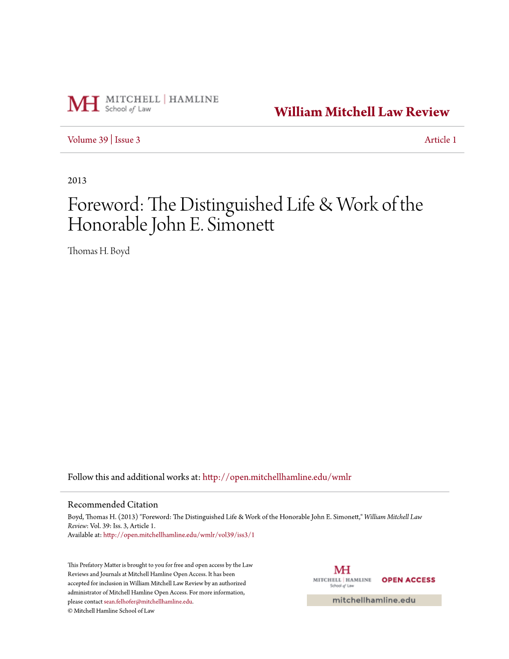 The Distinguished Life & Work of the Honorable John E. Simonett