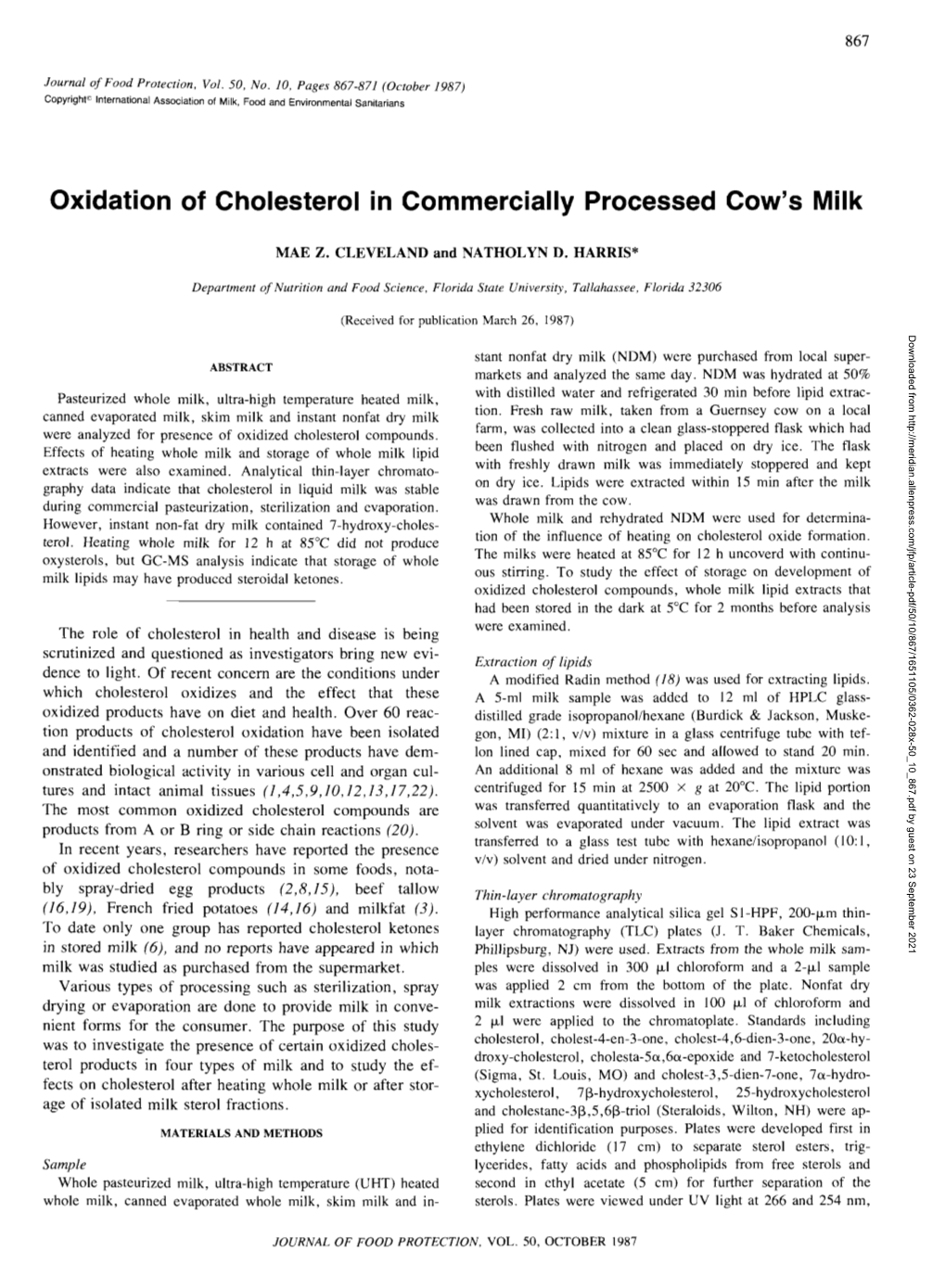 Oxidation of Cholesterol in Commercially Processed Cow's Milk