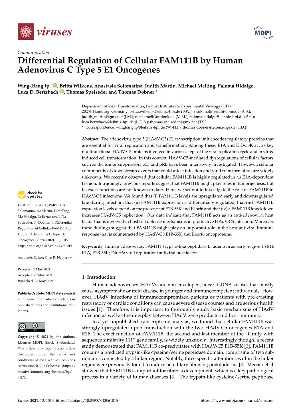 Differential Regulation of Cellular FAM111B by Human Adenovirus C Type 5 E1 Oncogenes