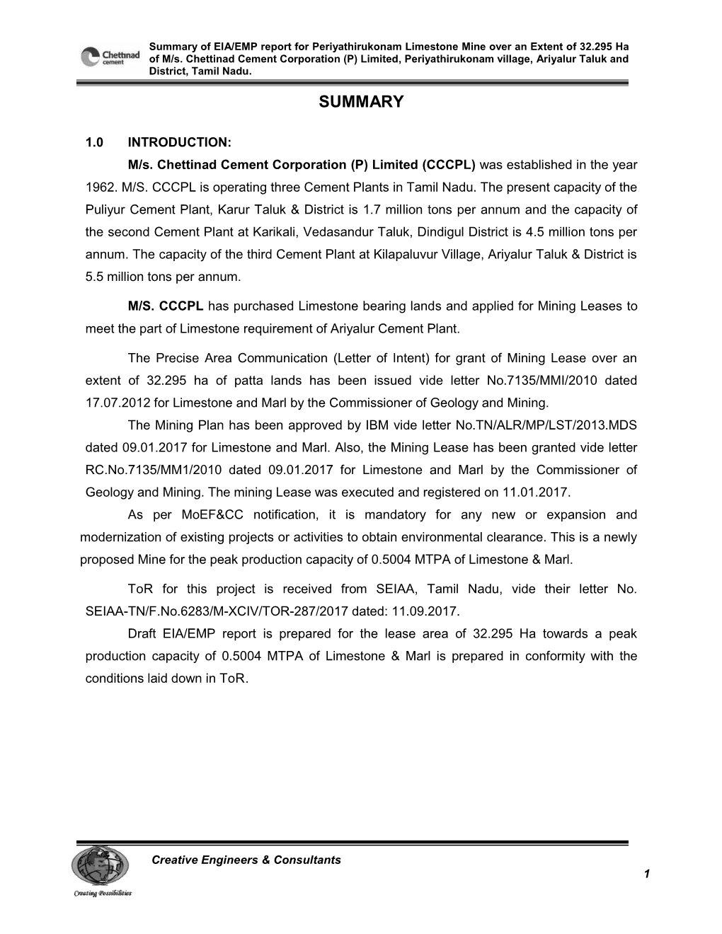 Summary of EIA/EMP Report for Periyathirukonam Limestone Mine Over an Extent of 32.295 Ha of M/S