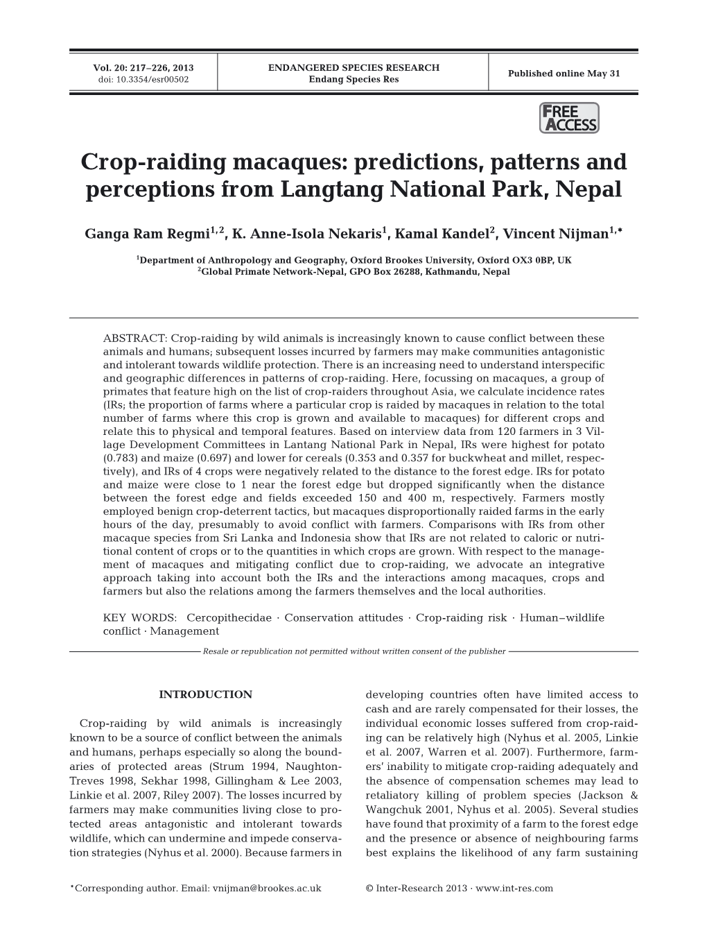 Crop-Raiding Macaques: Predictions, Patterns and Perceptions from Langtang National Park, Nepal