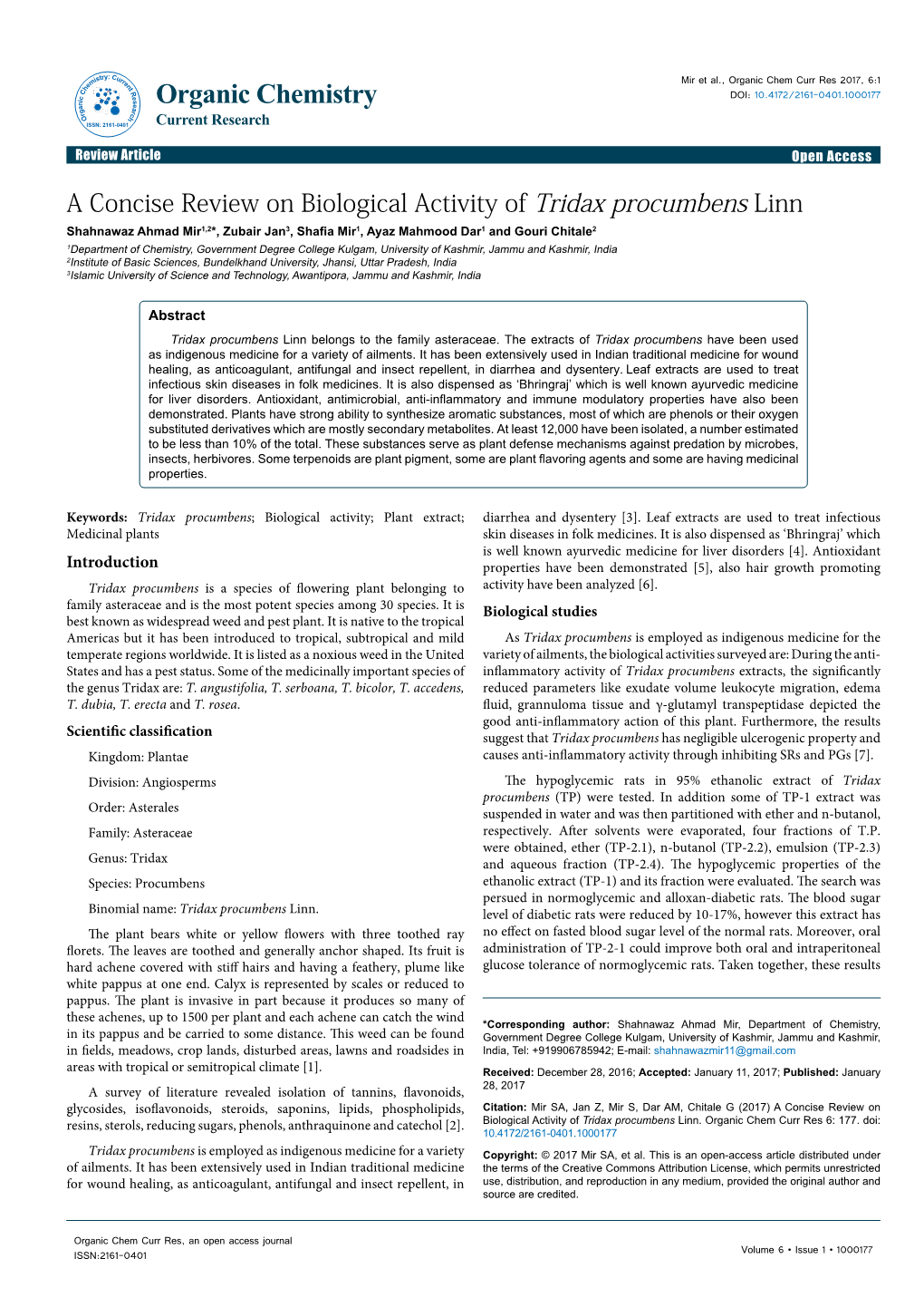 A Concise Review on Biological Activity of Tridax Procumbens Linn