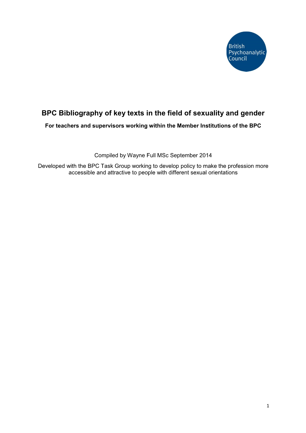 BPC Bibliography of Key Texts in the Field of Sexuality and Gender