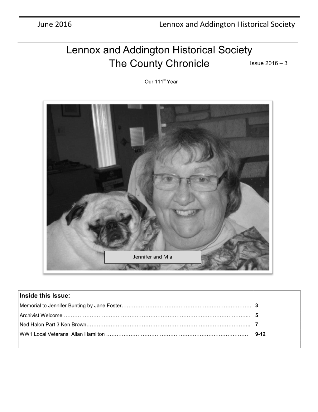 Lennox and Addington Historical Society the County Chronicle Issue 2016 – 3