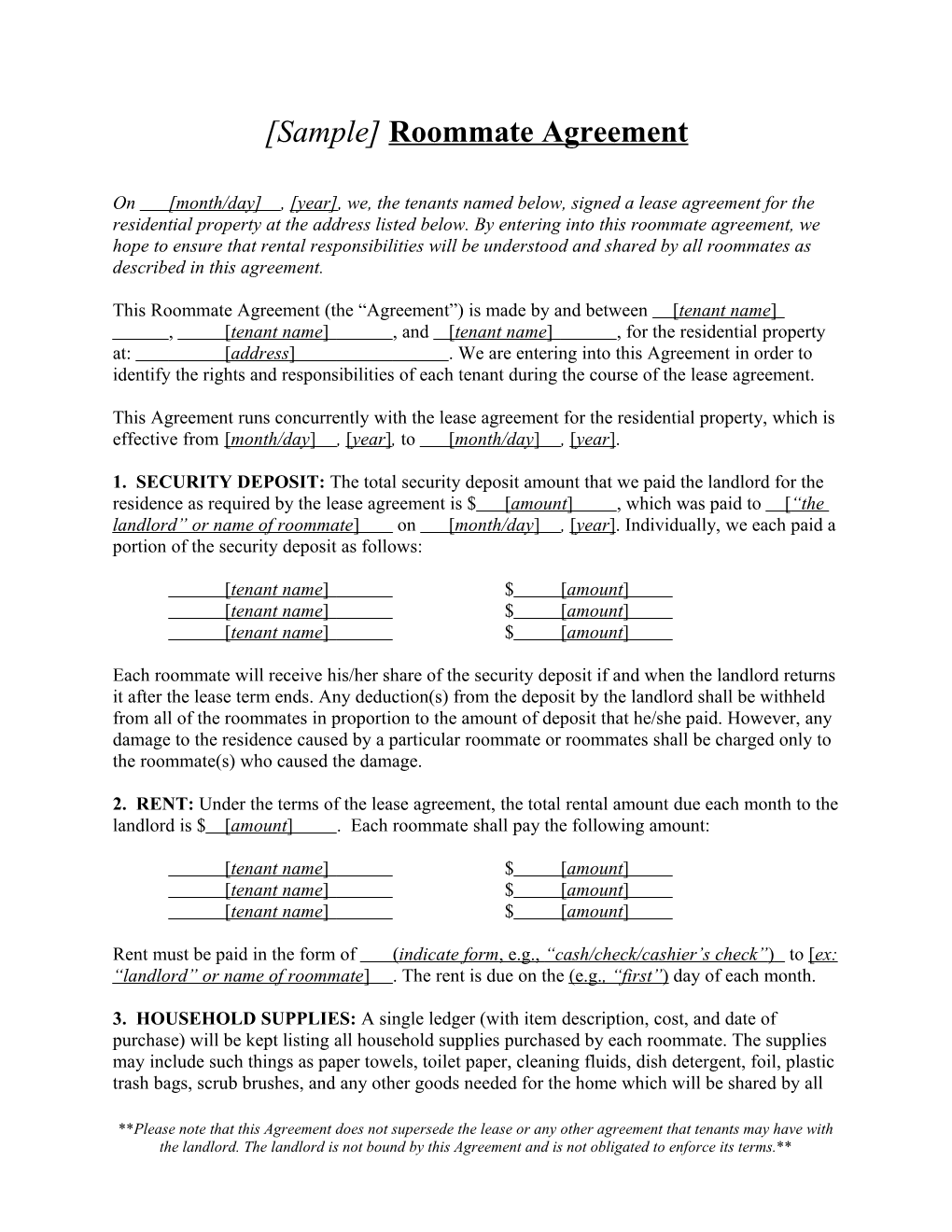 SAMPLE Roommate Agreement