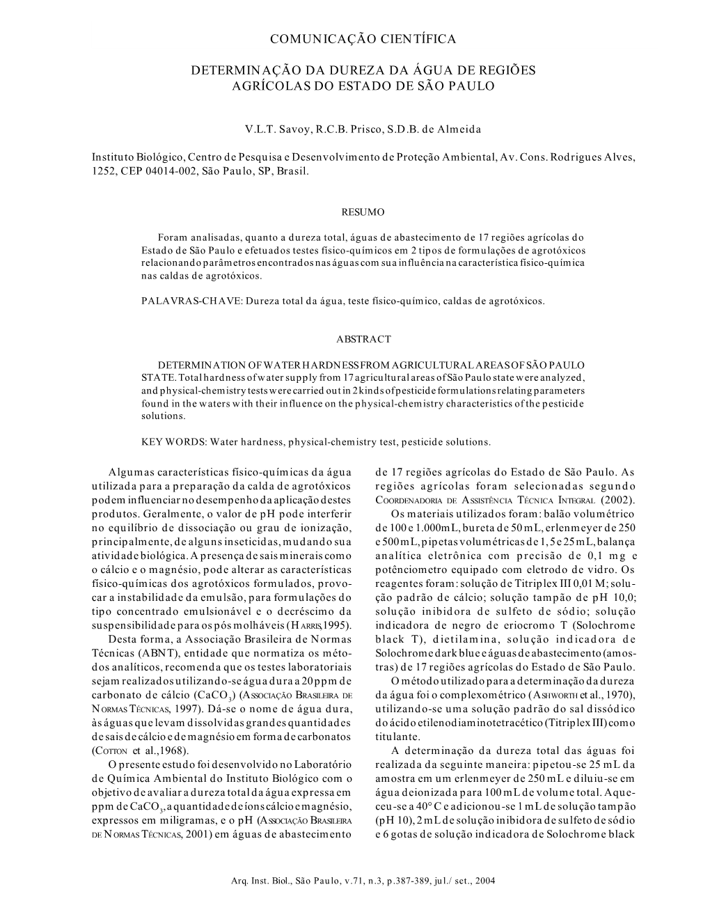 Determinação Da Dureza Da Água De Regiões Agrícolas Do Estado De São Paulo