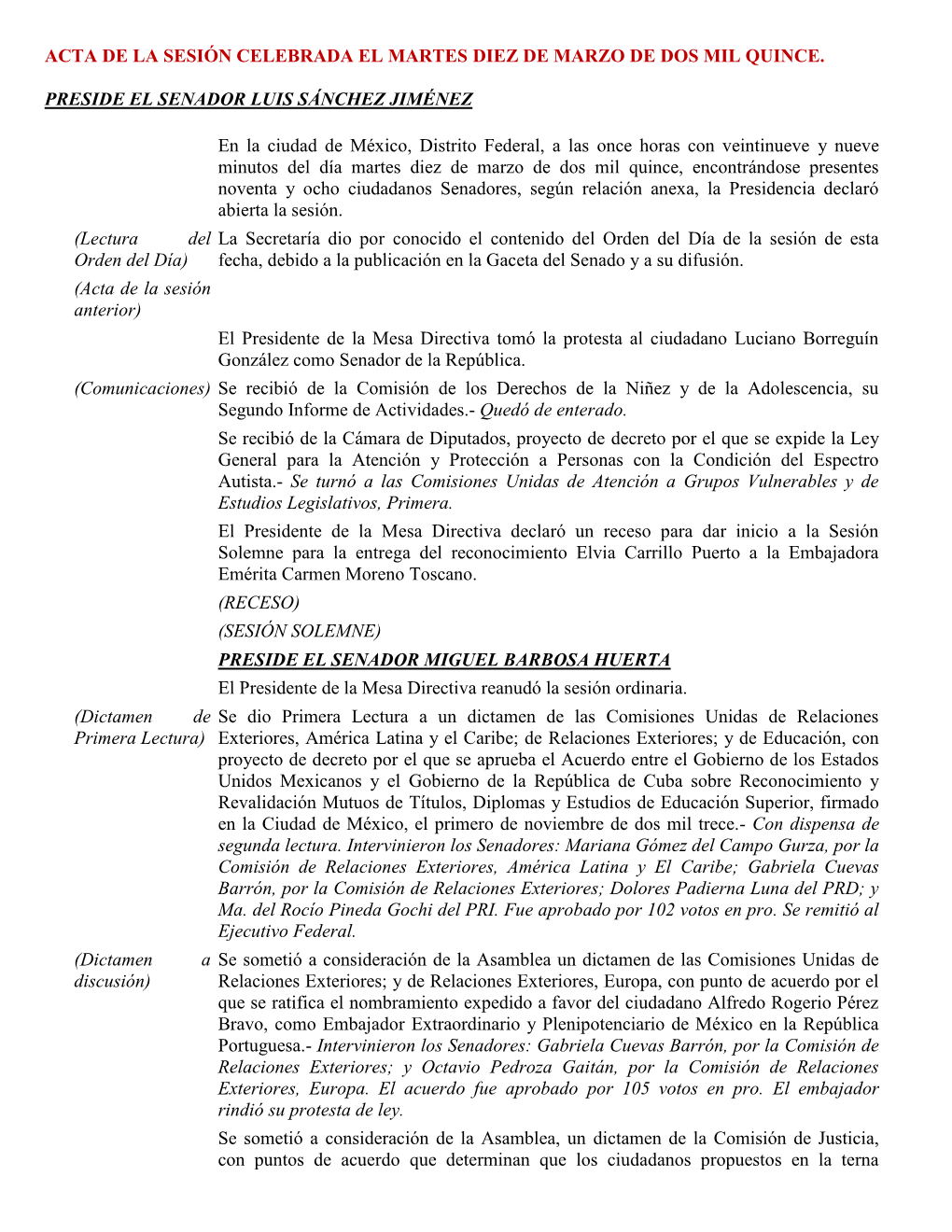 Acta De La Sesión Celebrada El Martes Diez De Marzo De Dos Mil Quince