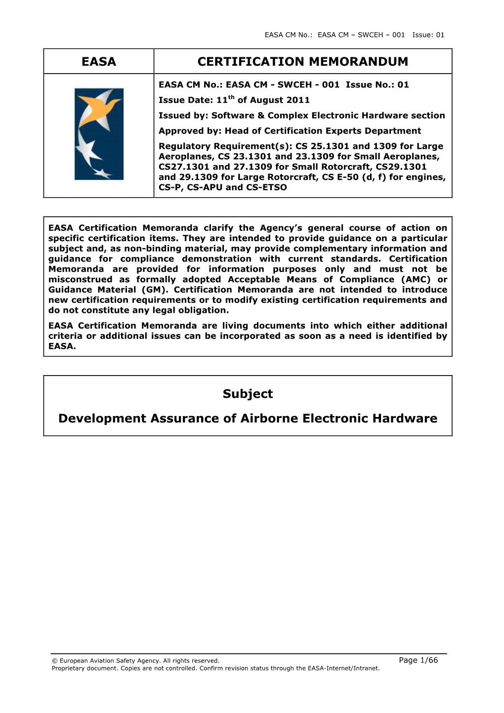 EASA CM-SWCEH-001 Development Assurance Airborne Electronic