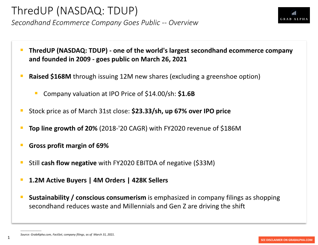Thredup (NASDAQ: TDUP) Secondhand Ecommerce Company Goes Public -- Overview