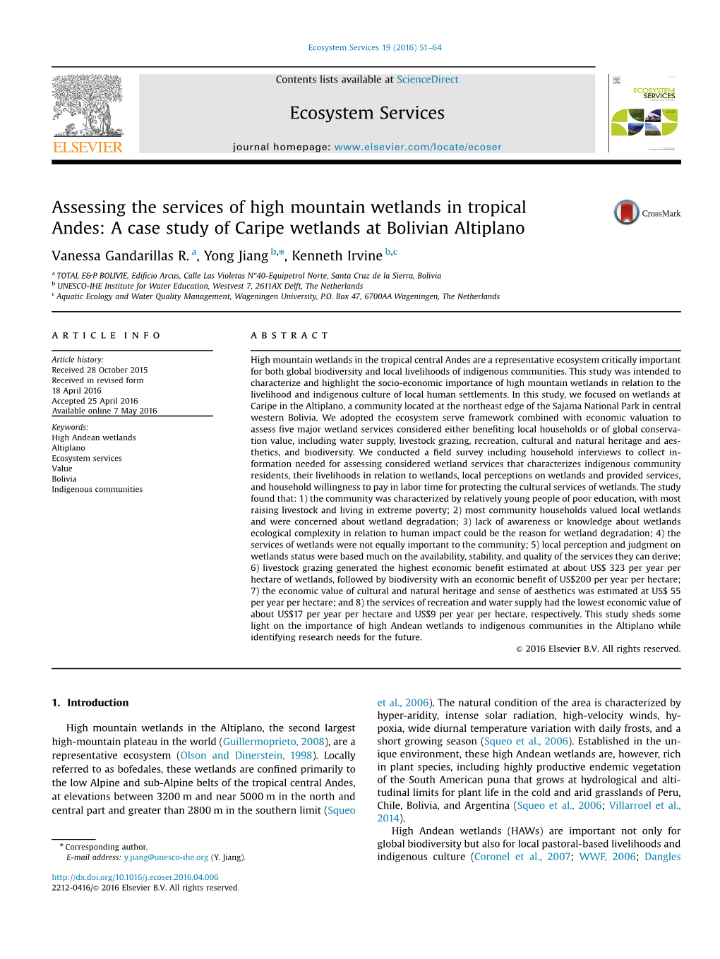 Assessing the Services of High Mountain Wetlands in Tropical Andes: a Case Study of Caripe Wetlands at Bolivian Altiplano