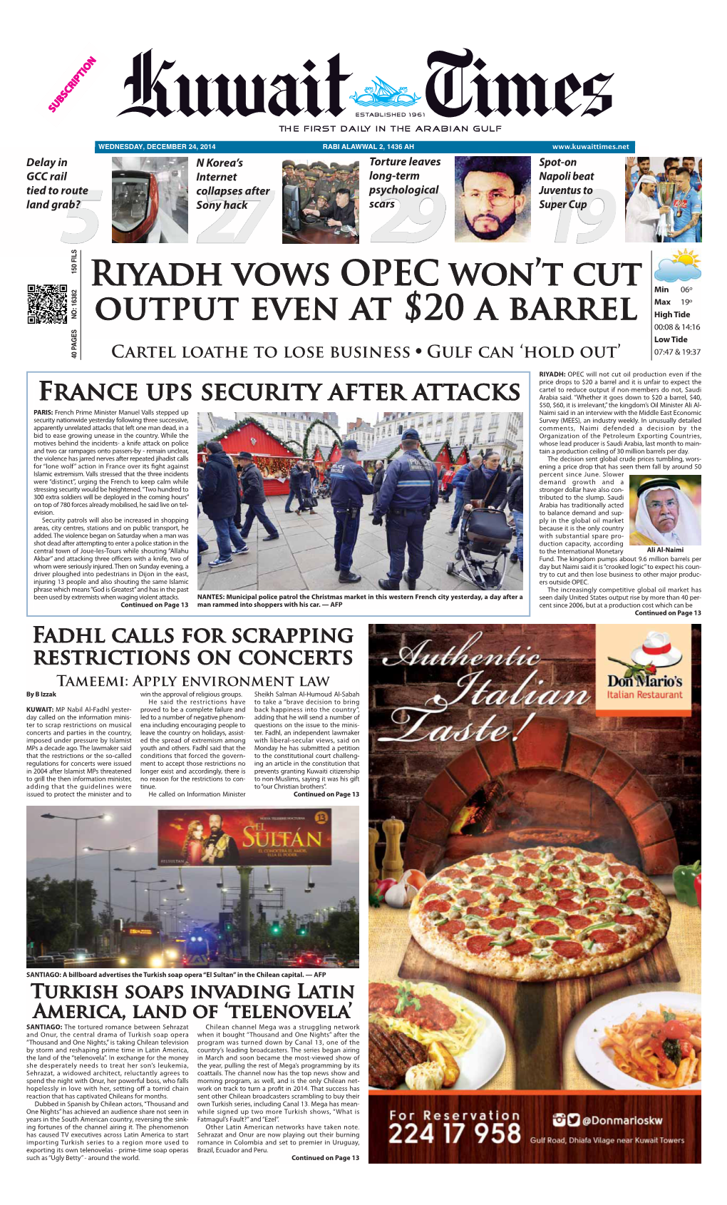 Riyadh Vows OPEC Won't Cut Output Even at $20 a Barrel