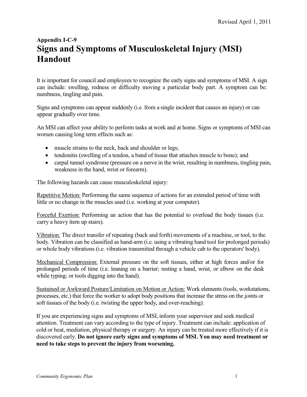 Signs and Symptoms of Musculoskeletal Injury (MSI) Handout