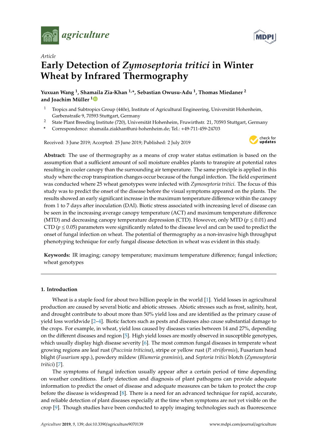 Early Detection of Zymoseptoria Tritici in Winter Wheat by Infrared Thermography