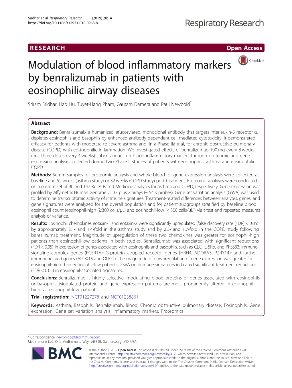 Modulation of Blood Inflammatory Markers by Benralizumab in Patients with Eosinophilic Airway Diseases