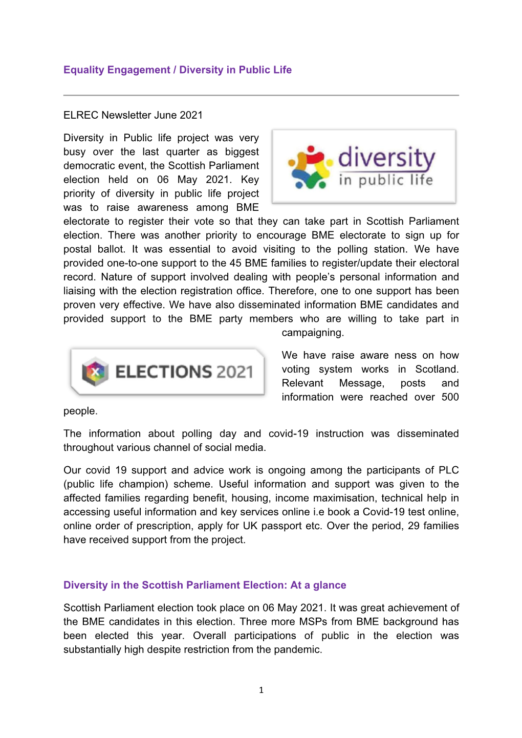 Equality Engagement / Diversity in Public Life ELREC Newsletter