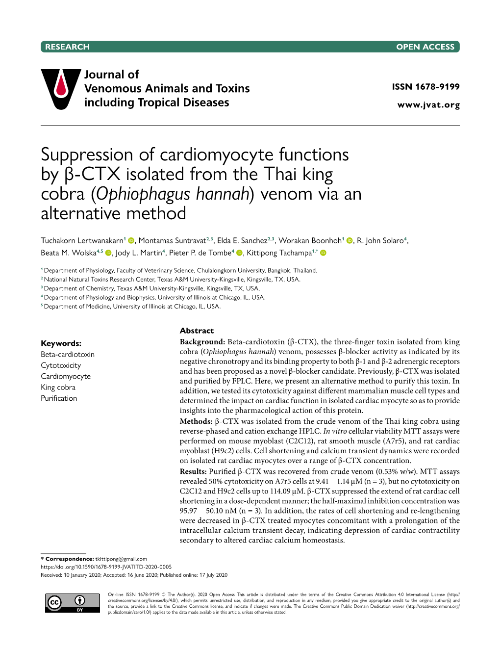 Suppression of Cardiomyocyte Functions by Β-CTX Isolated from the Thai King Cobra (Ophiophagus Hannah) Venom Via an Alternative Method